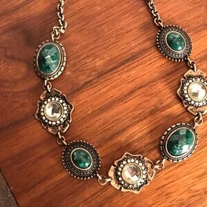 Stunning mixed materials green clear bronze collar necklace, faux Regency